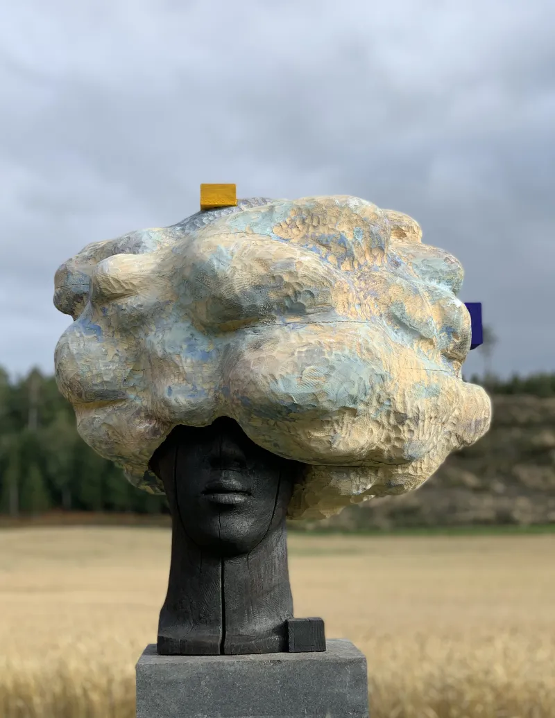 Man in cloud, 75x65x50 cm, painted and burnt wood